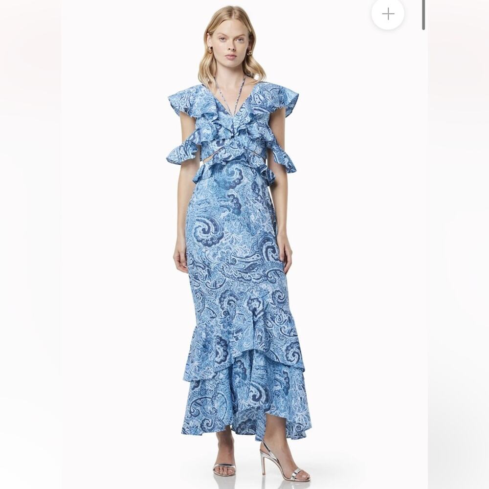 elliatt snow printed blue maxi ruffle strappy detail cut out linen maxi dress